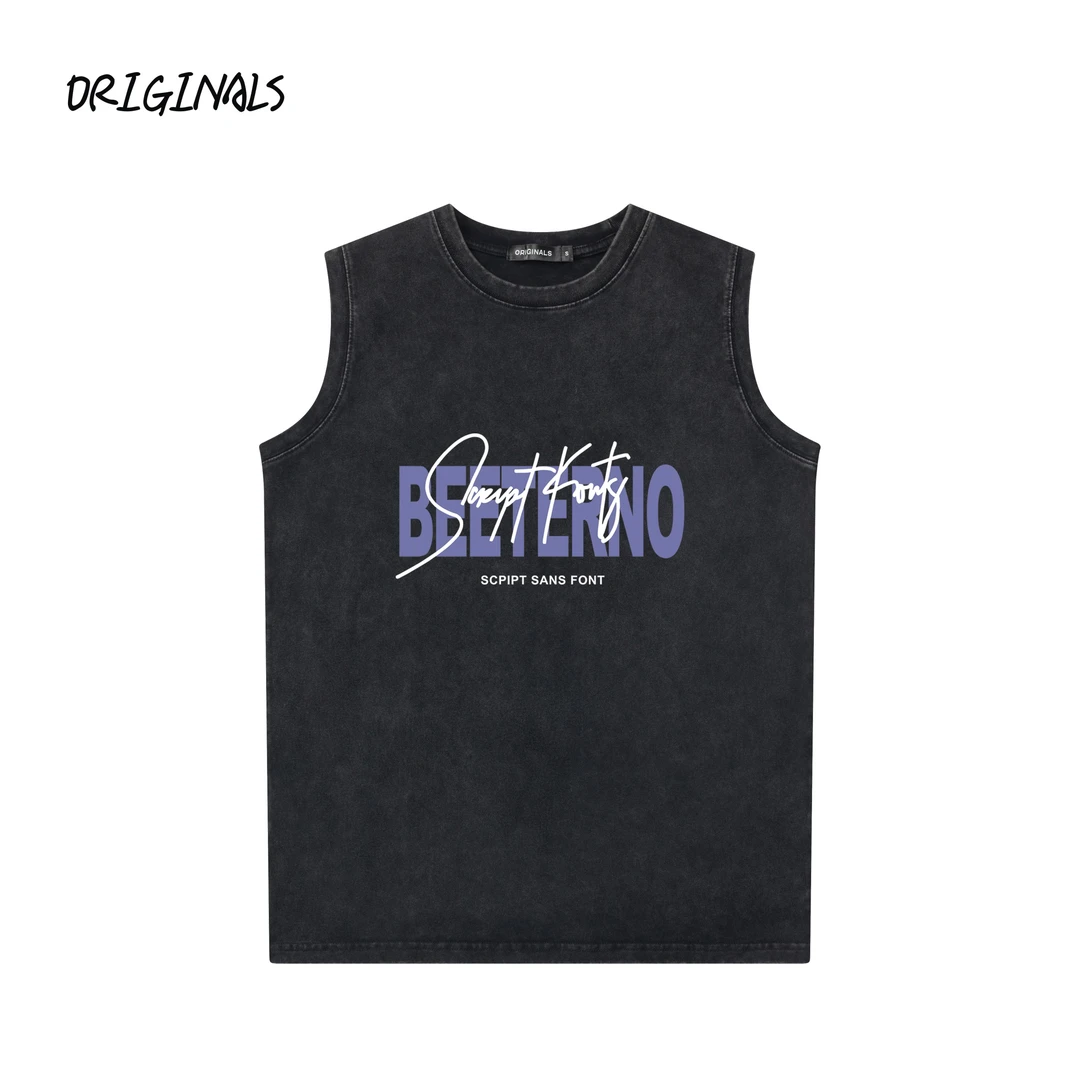 【小袖口防走光300g】美式印花复古做旧坎肩男女无袖背心帅T恤夏