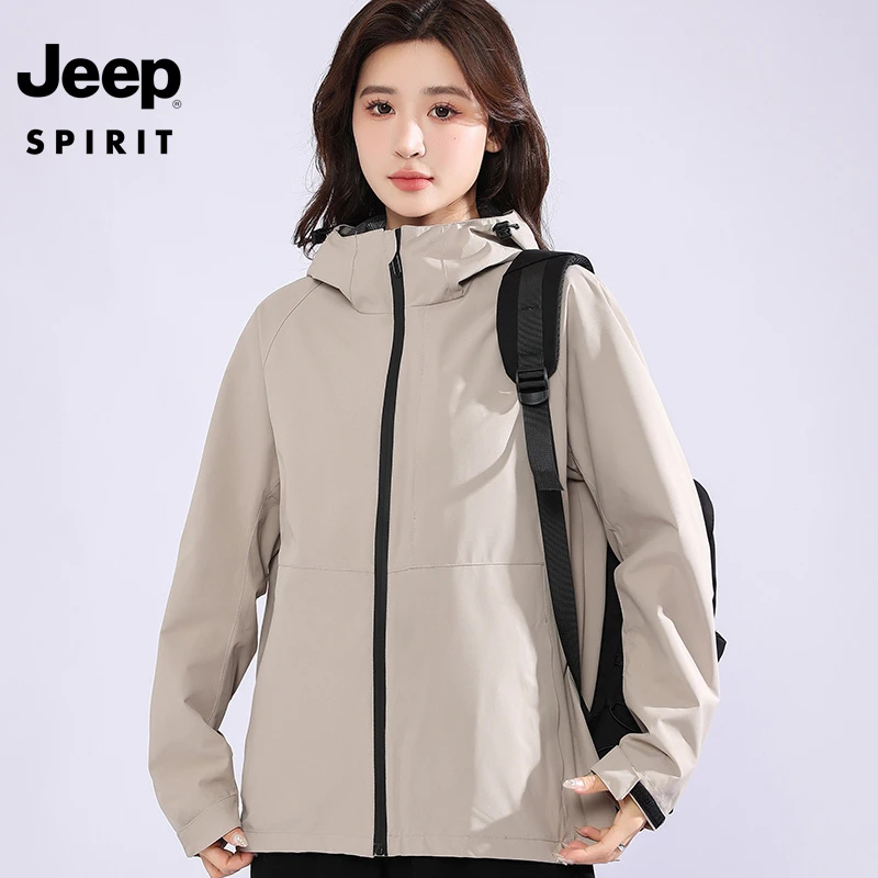 JEEP吉普冲锋衣秋季新款纯色风衣情侣款休闲连帽薄款单层夹克男
