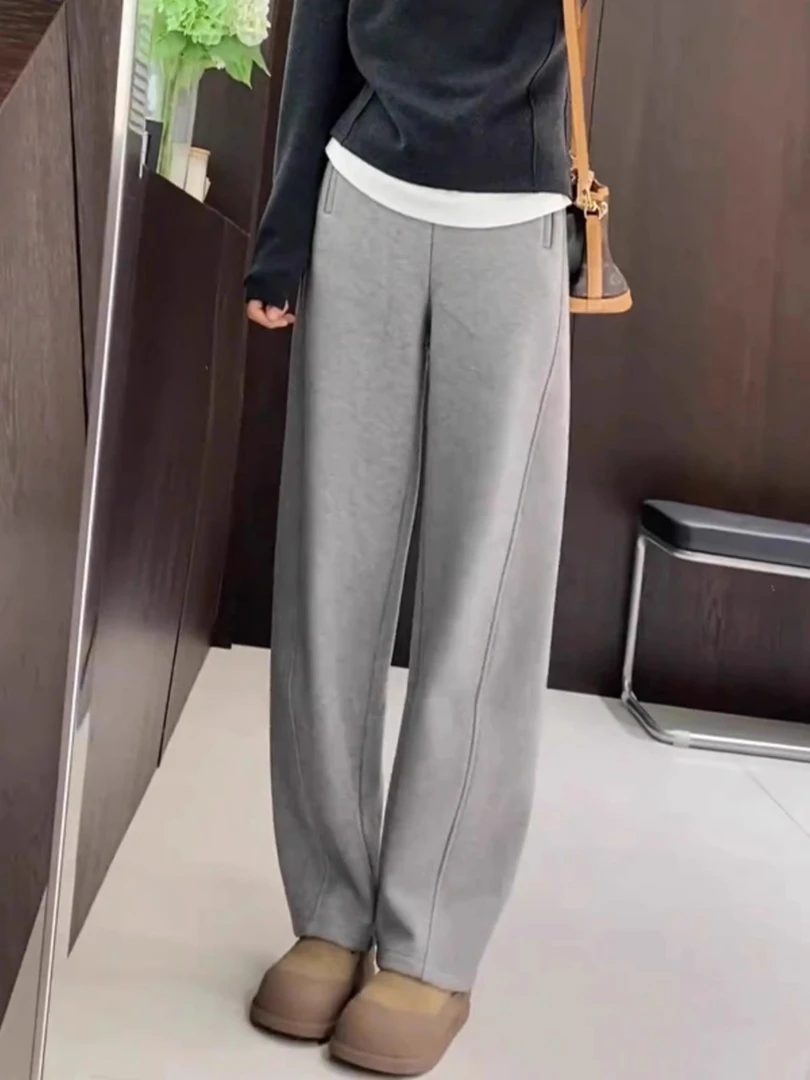 灰色窄版香蕉裤子女秋冬新款大码胖妹妹mm高腰直筒垂感休闲镰刀裤