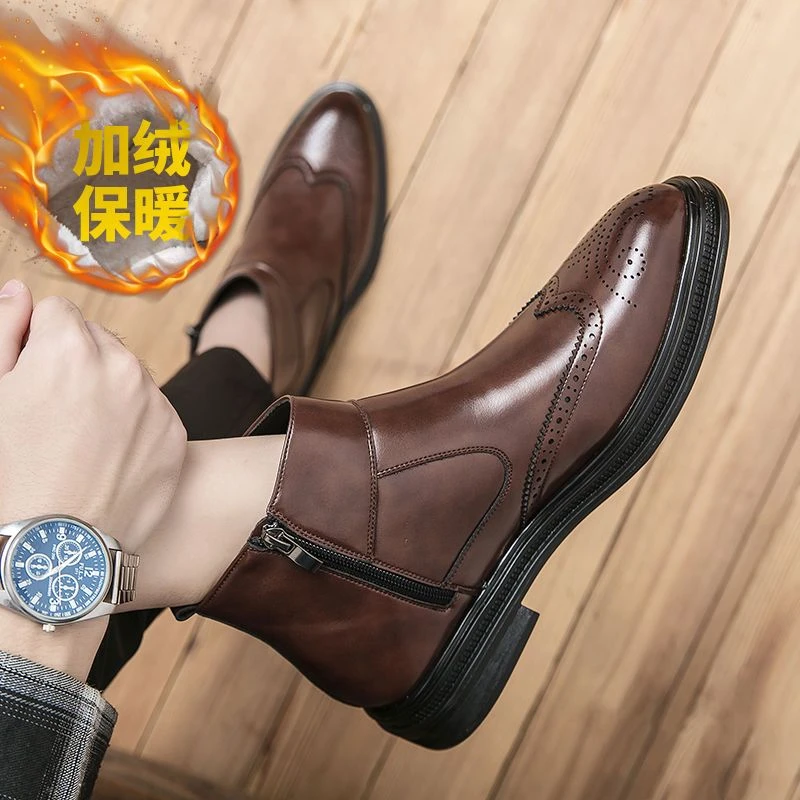 加绒保暖马丁靴男中帮短靴韩版冬季英伦复古高帮皮鞋男士切尔西靴