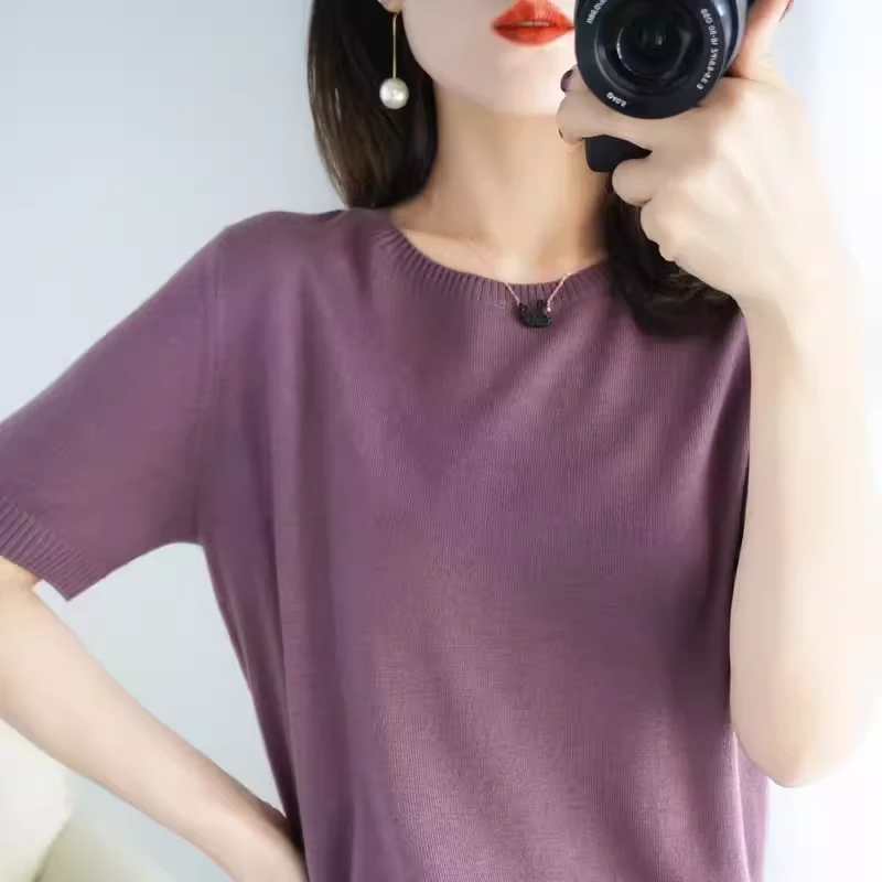 68支精纺羊毛衫短袖女圆领薄款修身打底针织T恤宽松显瘦外穿内搭
