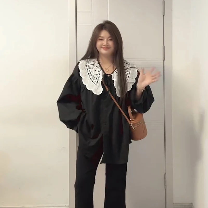 大码胖妹妹上衣法式娃娃领衬衫秋季新款娃娃衫宽松显瘦洋气长袖女