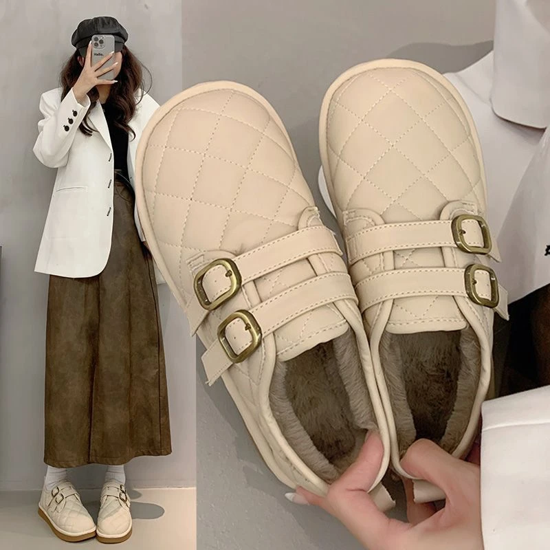 加绒加厚小棉鞋女季新款圆头百搭乐福鞋平底防滑豆豆鞋女