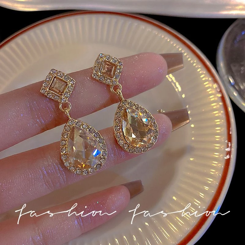 超闪镶钻水滴形耳环女韩国个性百搭耳坠欧美夸张耳钉耳饰百搭