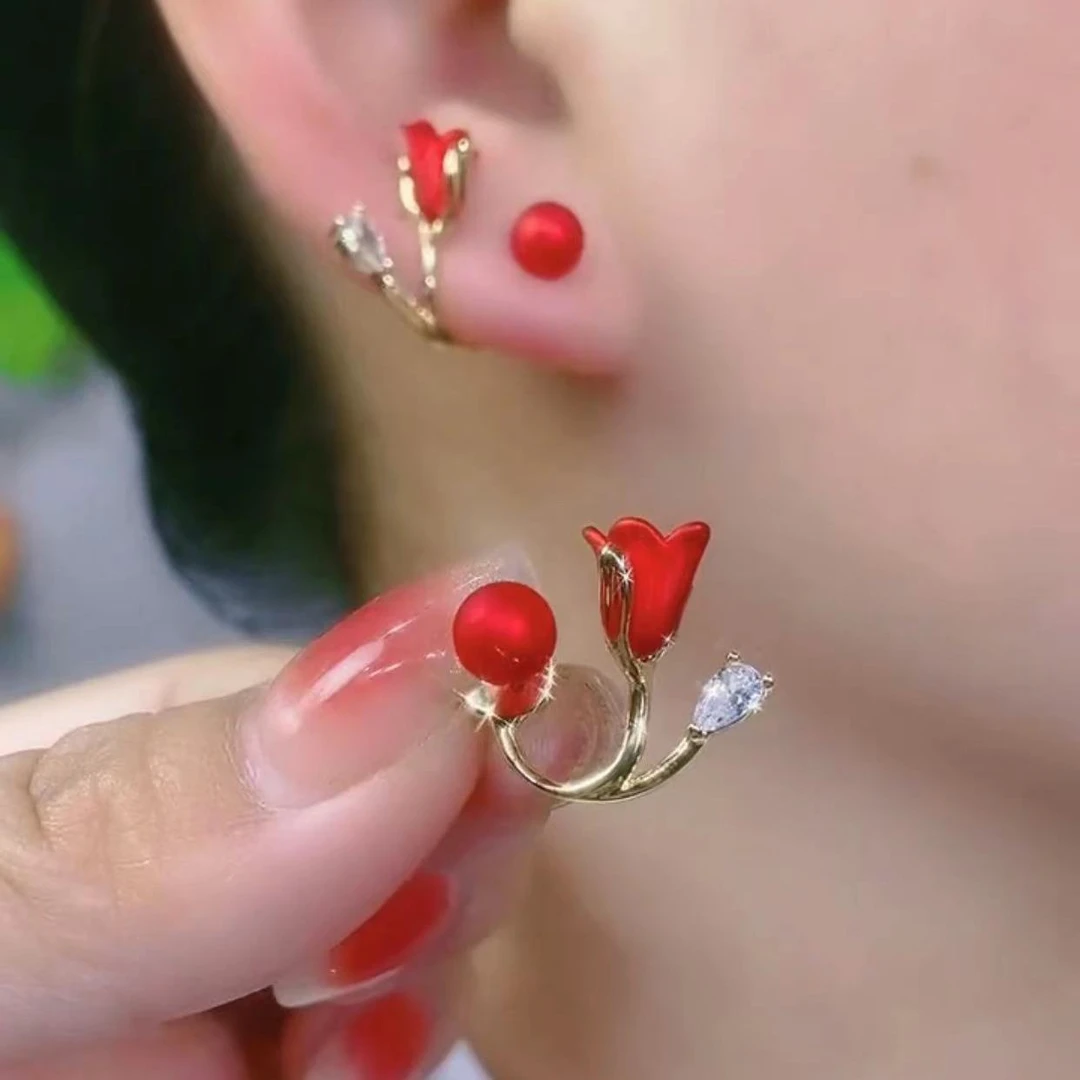 合金耳饰 潮红色耳环郁金香耳钉日韩轻奢花朵后挂式耳坠分体时尚