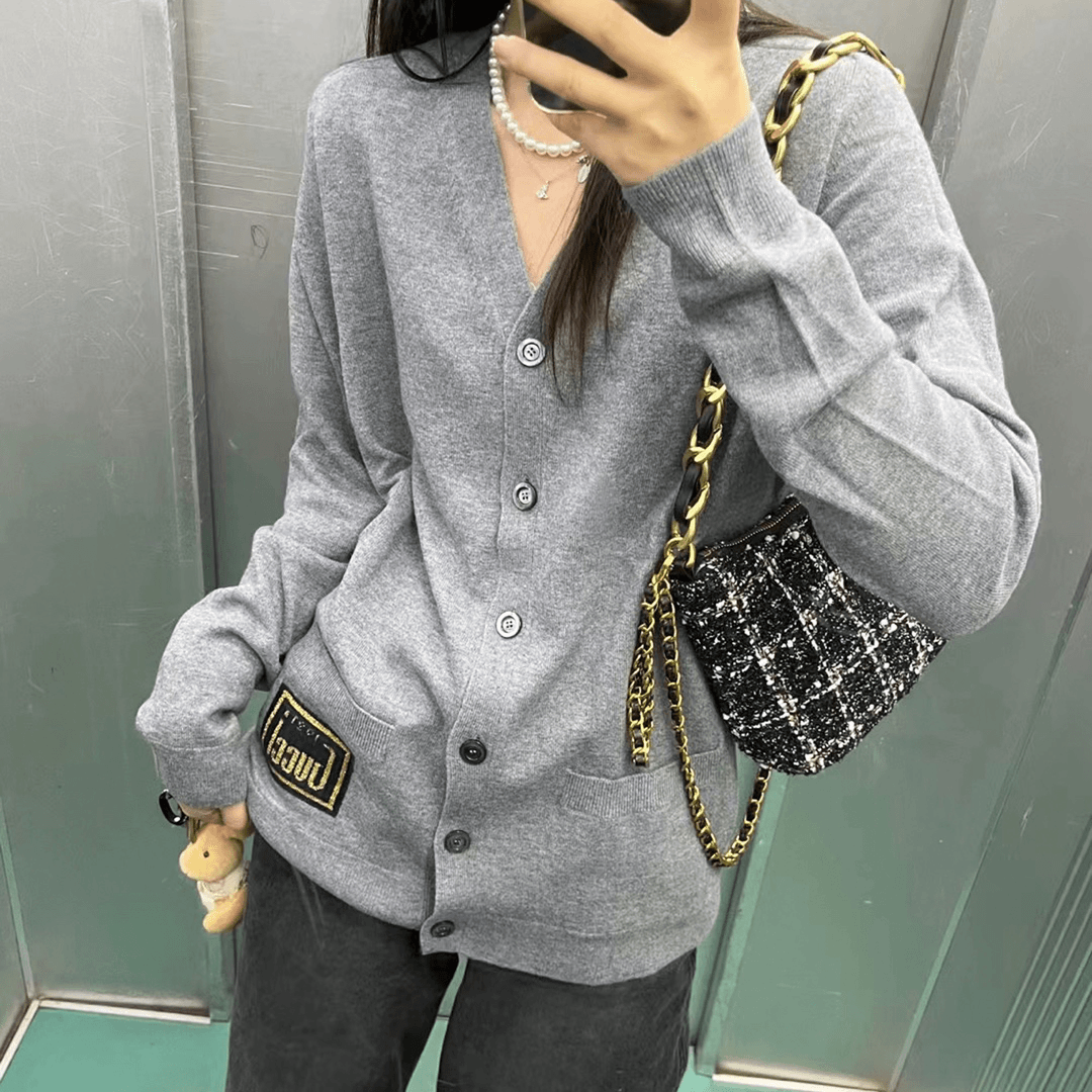 全新未使用 Gucci/灰色徽标针织羊毛开衫/XS/S/M码
