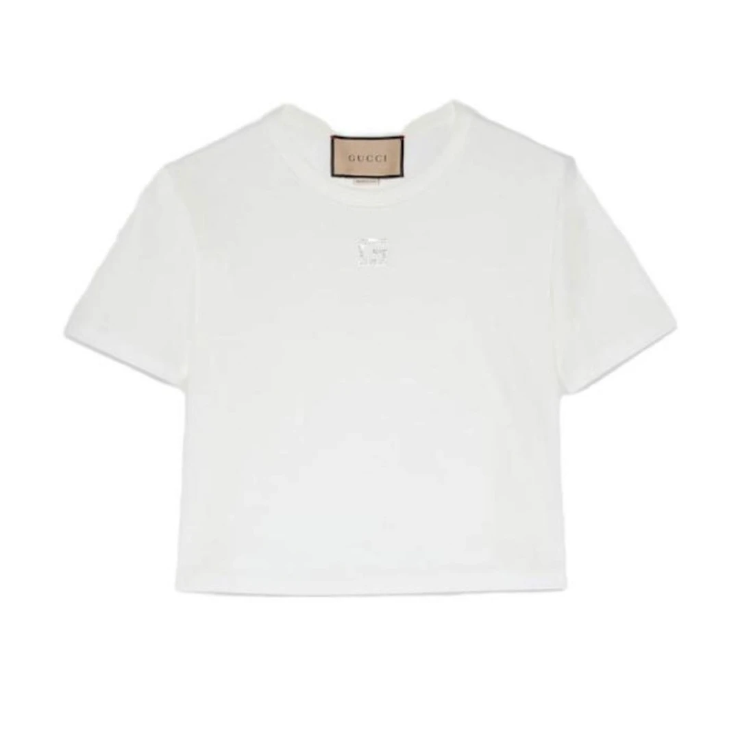 全新未使用  Gucci/纯色水晶logo贴花圆领短袖T恤/M码