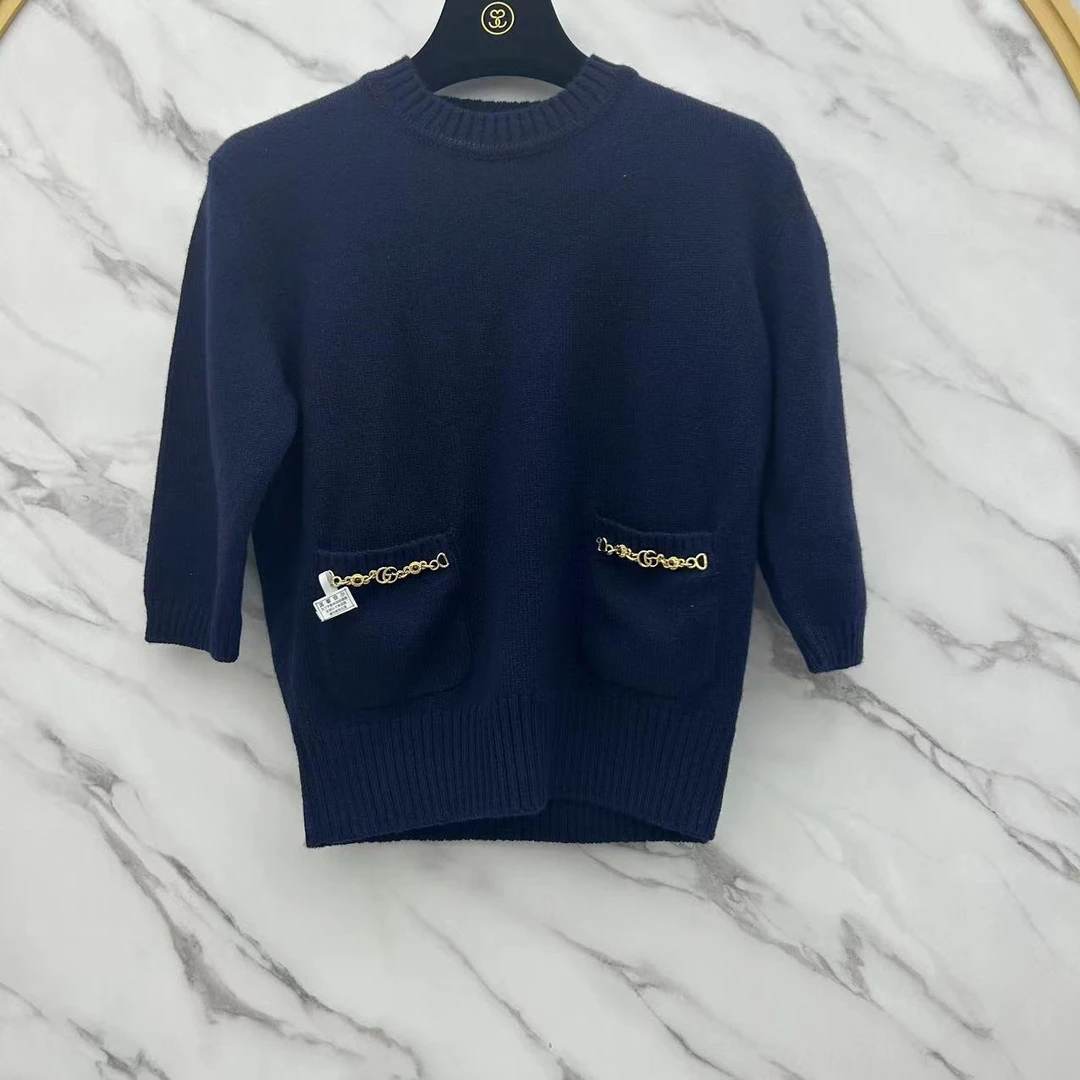 全新未使用 Gucci/双G链条口袋山羊绒毛衣/XS S码