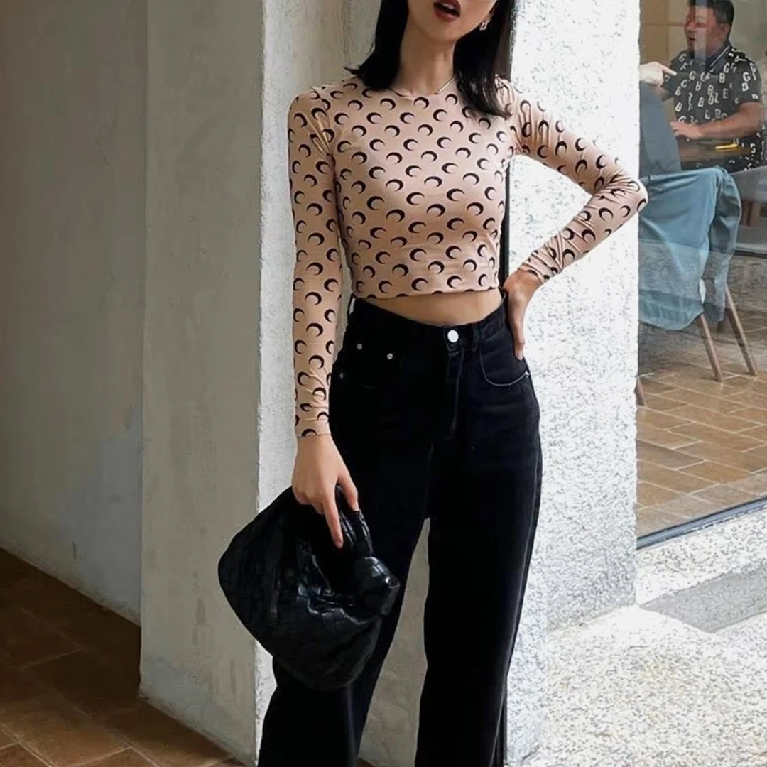 未使用 MARINESERRE 圆领修身图案印花长袖T恤/多码/多色