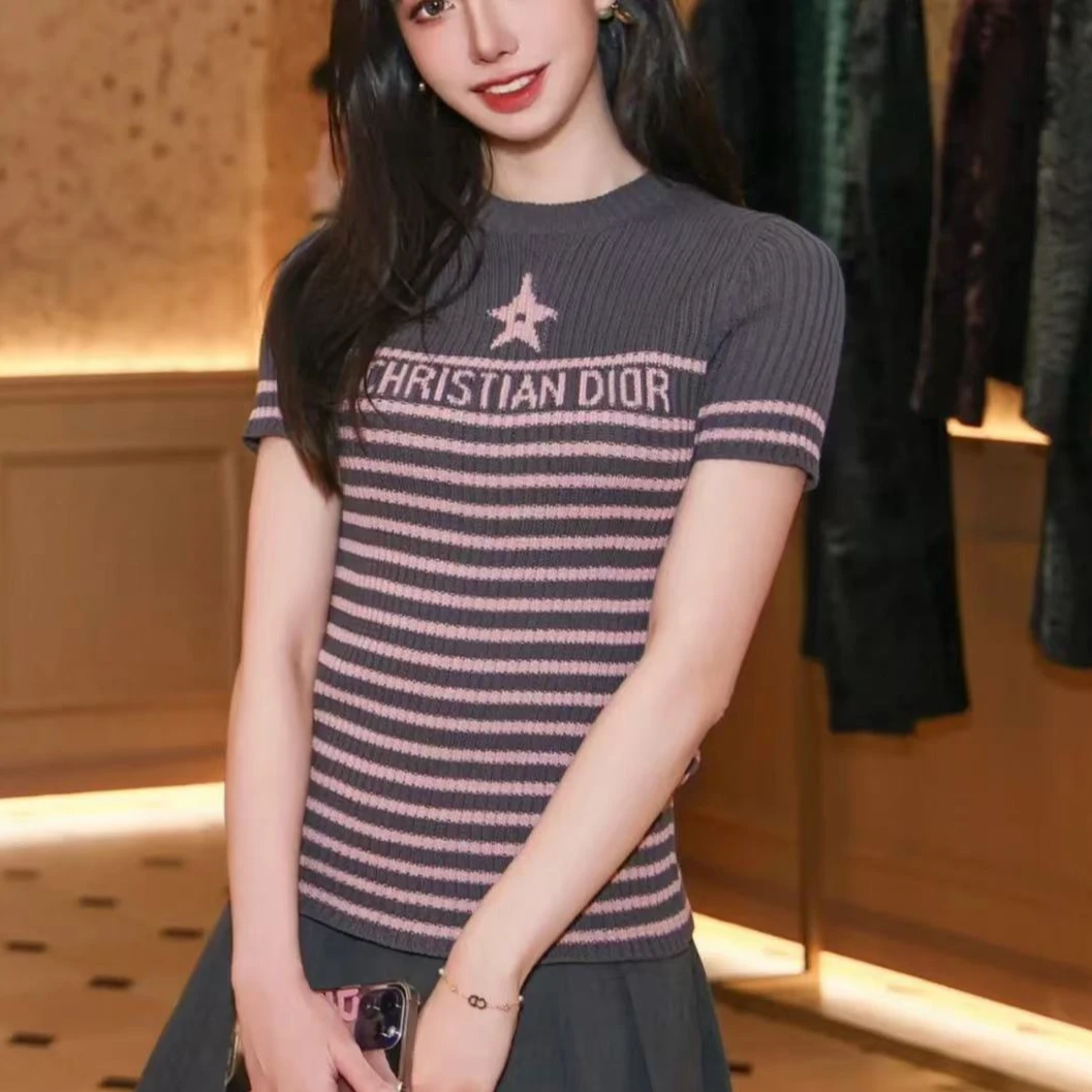 未使用 DIOR/迪奥 DIORIVIERA Logo字母印花条纹短袖毛衣