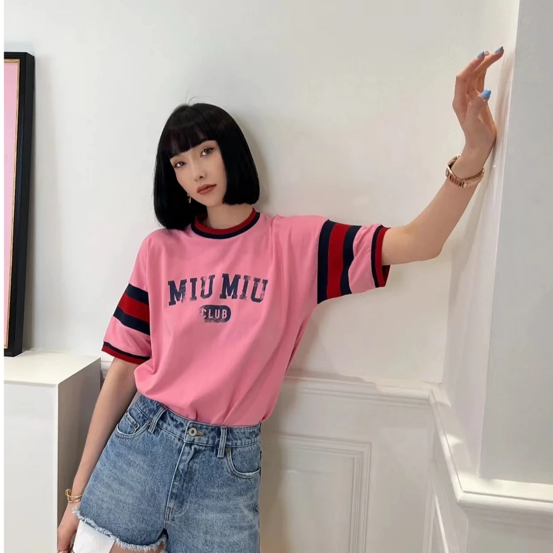 全新未使用 MIU MIU/缪缪 logo字母印花条纹细节圆领短袖/M码