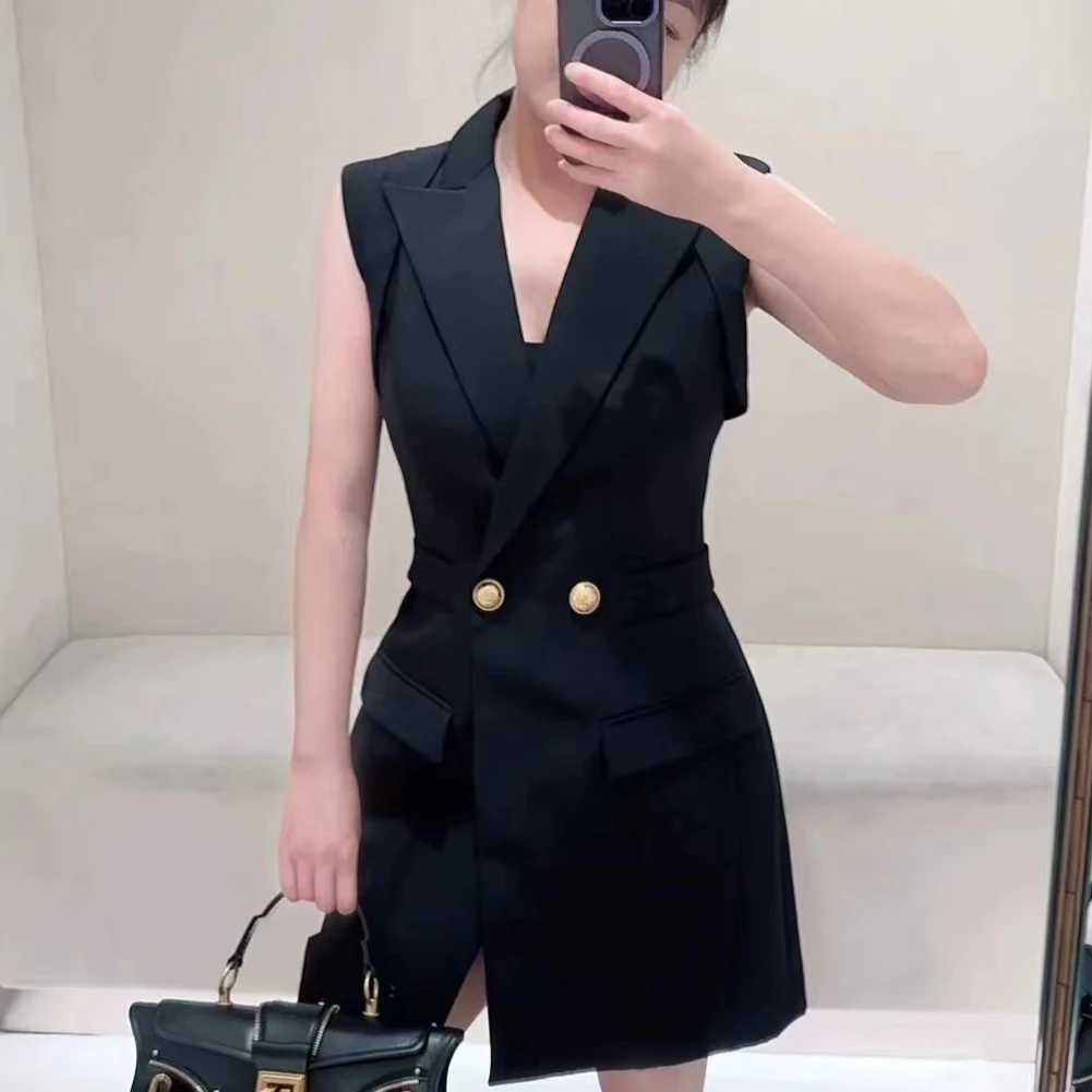全新未使用 BALMAIN/巴尔曼 纯色翻领无袖连衣裙/公价17200/40码