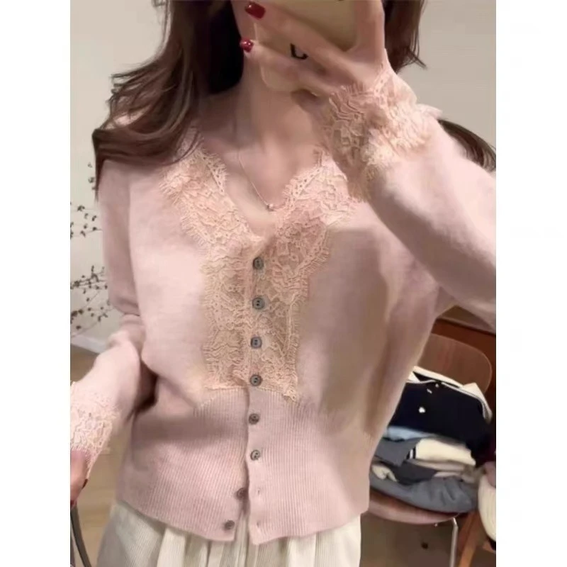 纯欲风蕾丝开衫毛衣女秋冬新款小众法式奶甜美针织上衣温柔软糯潮