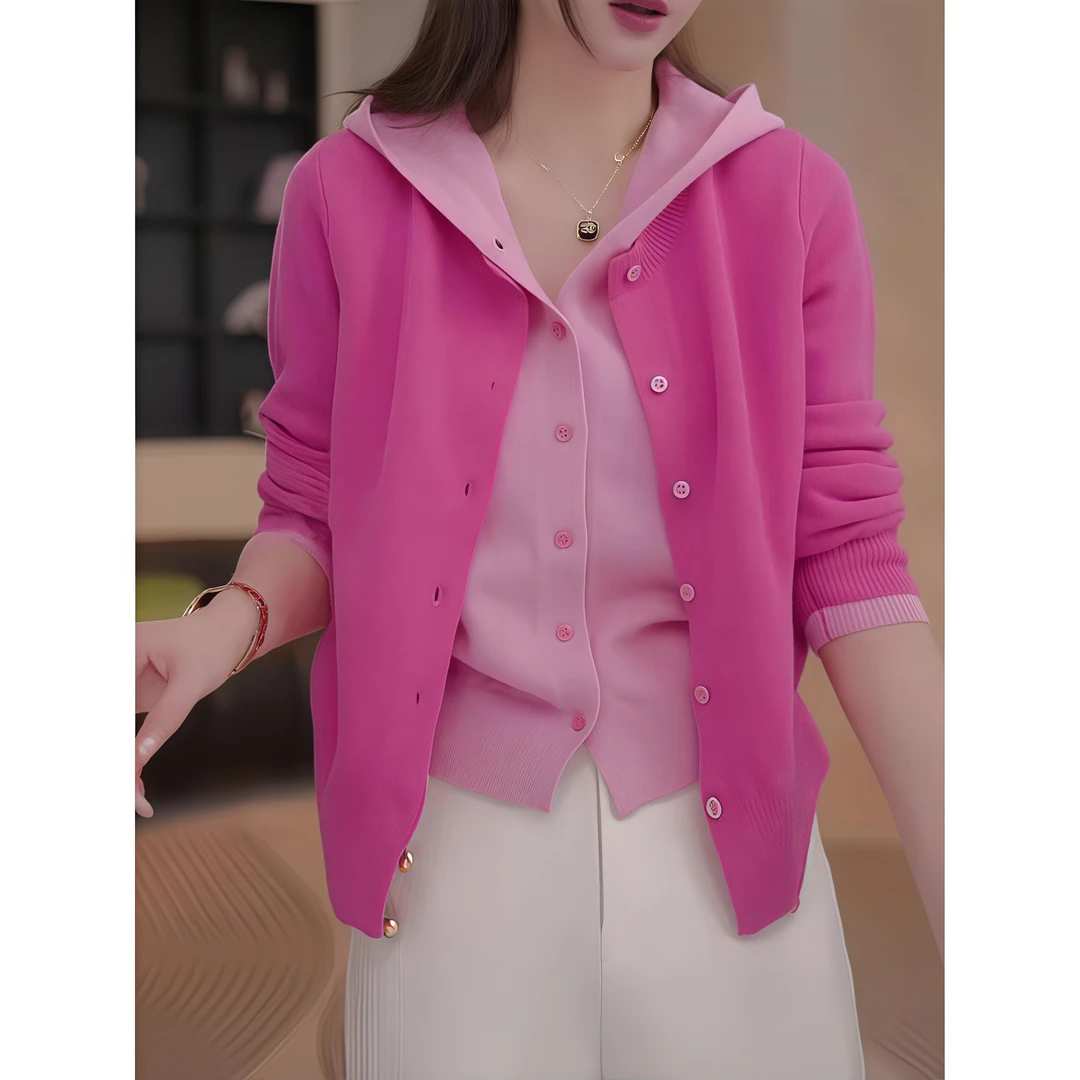 连帽撞色假两件毛衣女秋冬新款设计感温柔风气质开衫针织上衣小衫