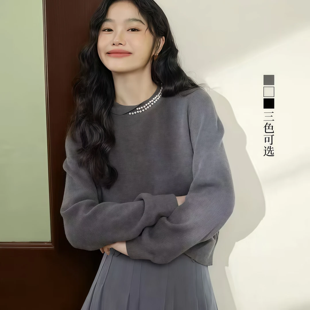 轻奢设计感小众珍珠毛衣女秋冬新款不规则圆领打底衫百搭气质上衣