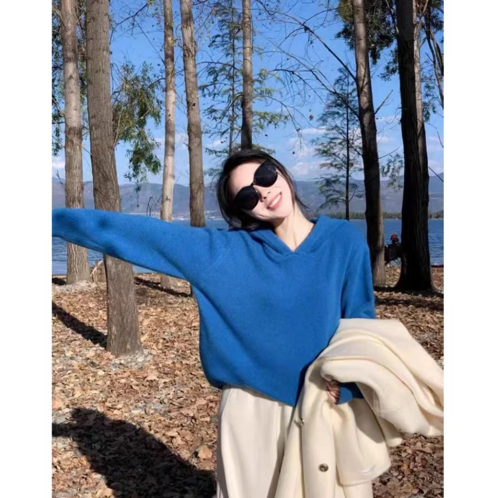 韩版克莱因蓝连帽毛衣女秋冬新款慵懒风休闲百搭针织衫外套上衣潮