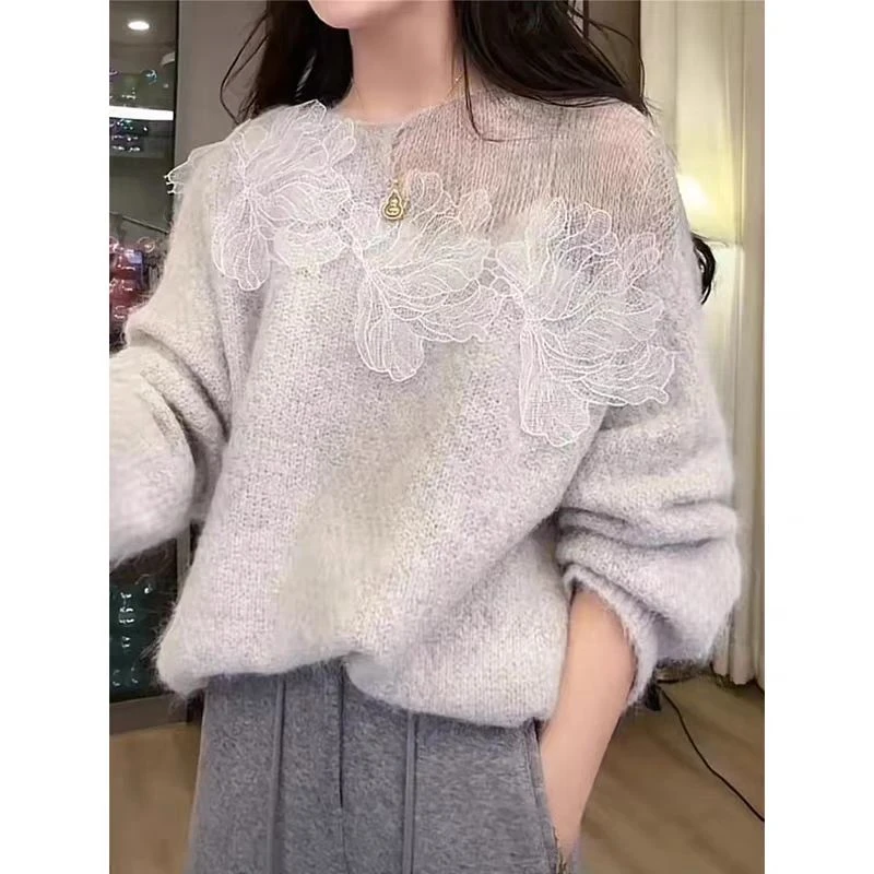 秋冬新款设计感蕾丝花朵针织长袖ins气质套头上衣圆领温柔风慵懒