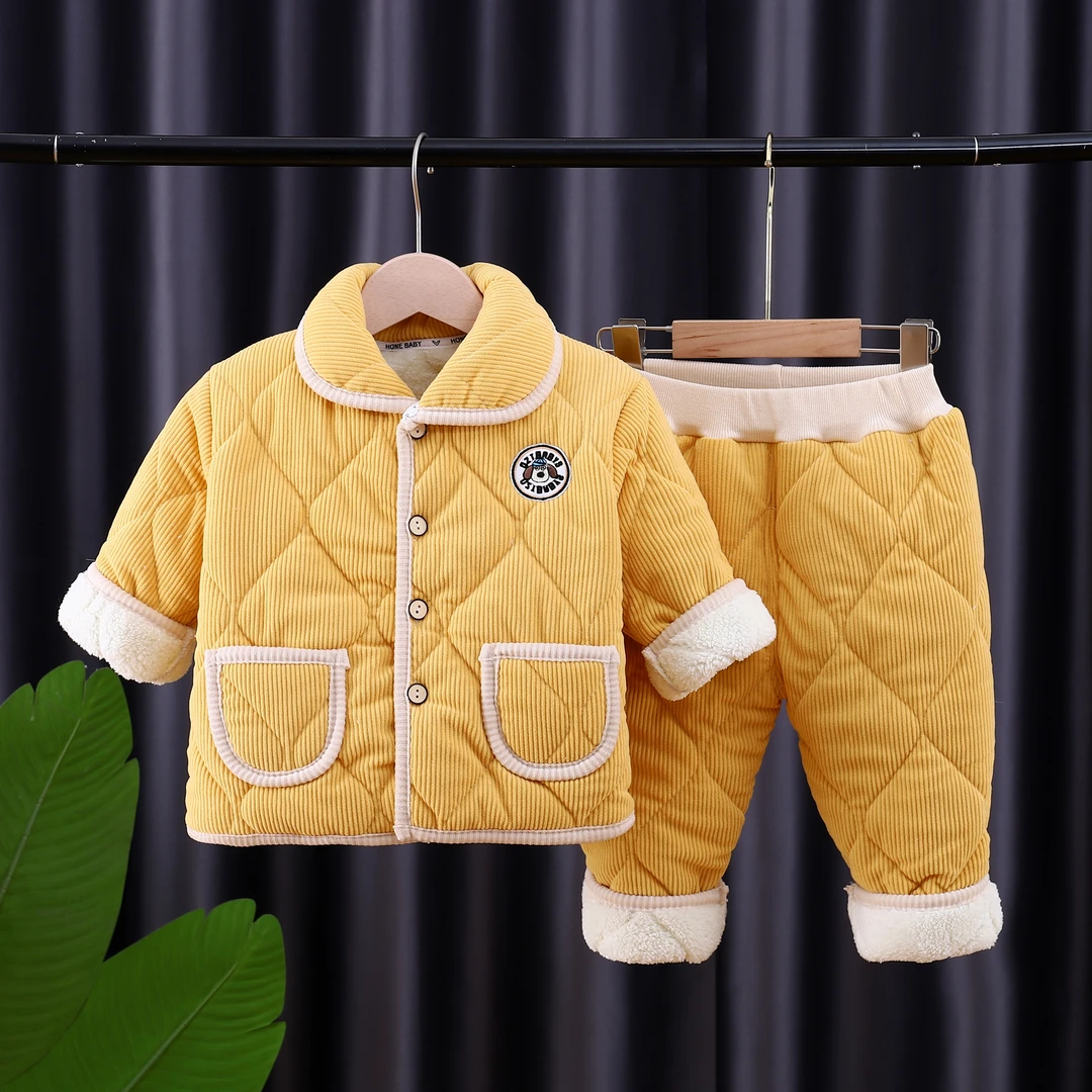 儿童睡衣加绒加厚宝宝冬家居服男女宝宝灯芯绒套装三层保暖可外穿