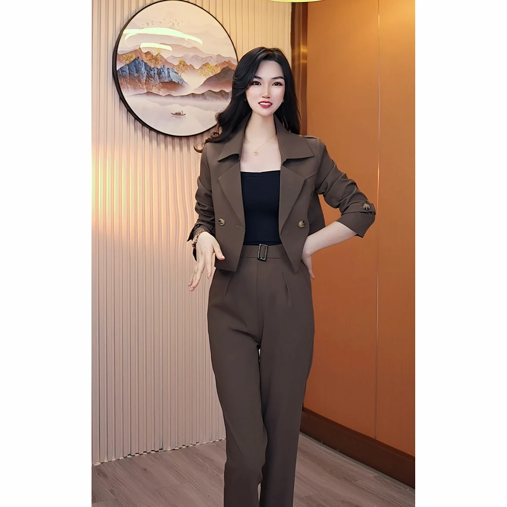 咖啡色西装套装女2024新款大码百褶裙两件套西服高级感气质工作服