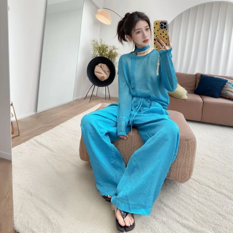 秋装2024女款漂亮时尚休闲套装别致绝美蓝色长袖上衣阔腿裤两件套