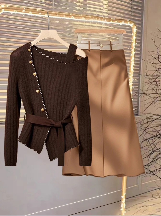 秋季穿搭一整套女2024新款气质御姐风棕色毛衣半身裙超好看两件套