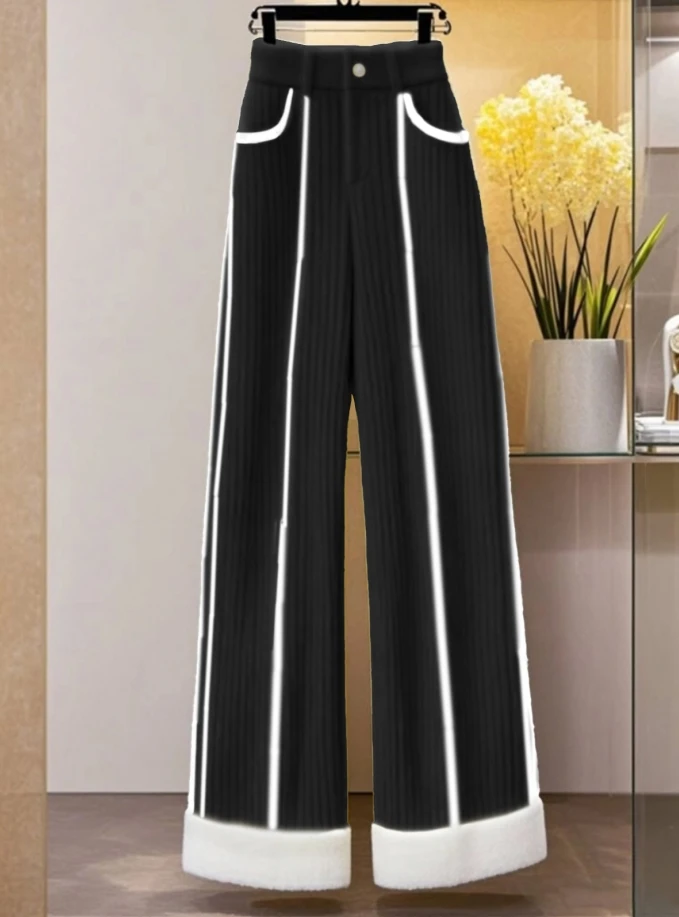 2024冬季高级气质穿搭必备加厚黑色裤子高腰直筒梨型身材必备长裤