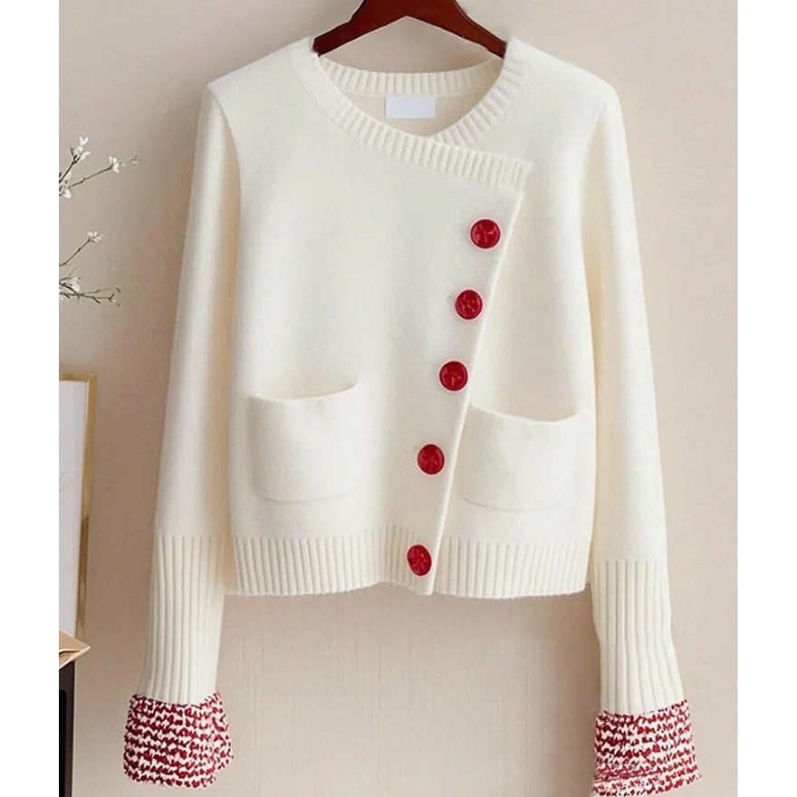 冬季新款韩系chic复古宽松软糯慵懒风针织衫高级感白色毛衣外套女