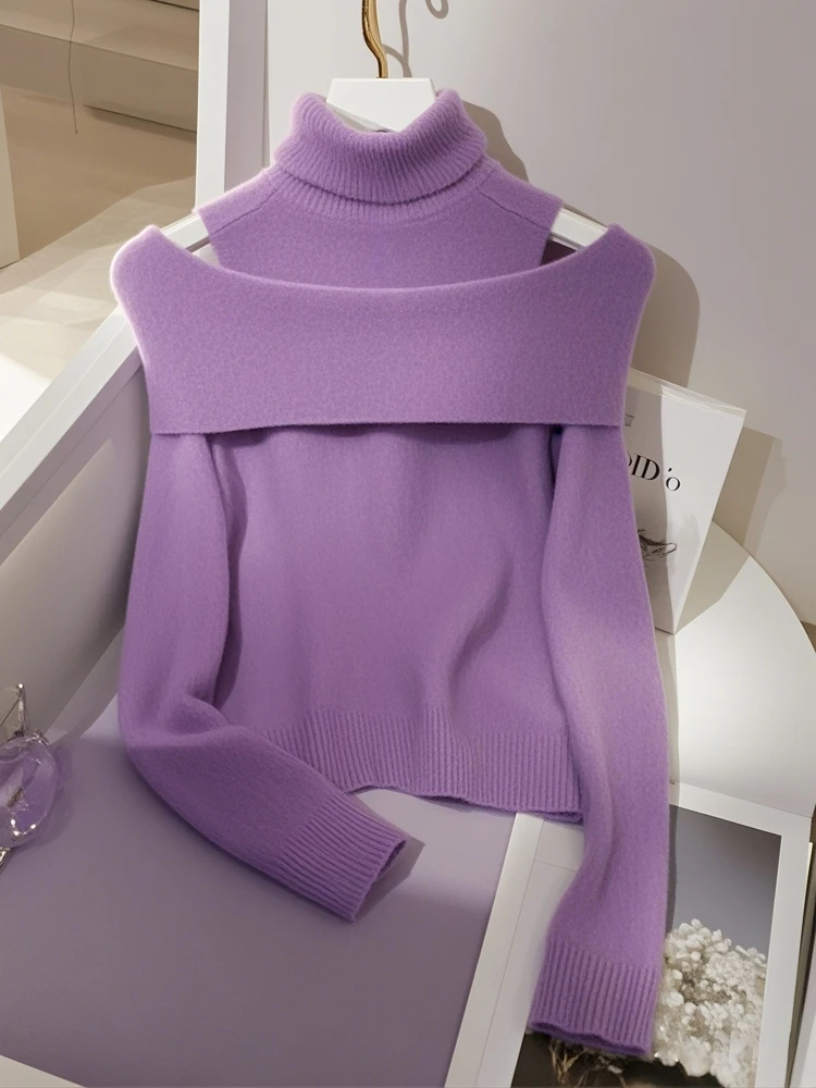 2024年冬软糯高级感紫色假两件针织上衣女气质小香风高领露肩毛衣