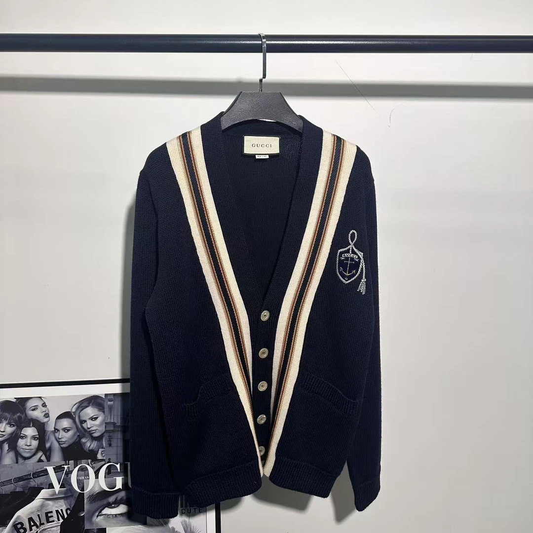 99新 GUCCI/古驰 深蓝色船锚盾牌毛衣开衫/M码