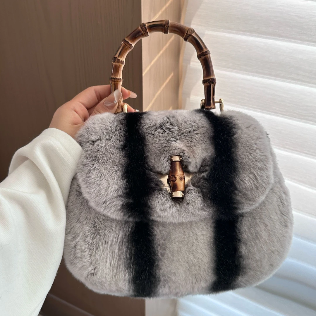 【獭兔毛竹节】新款自制拼色兔毛皮草包包真皮手提包包斜挎