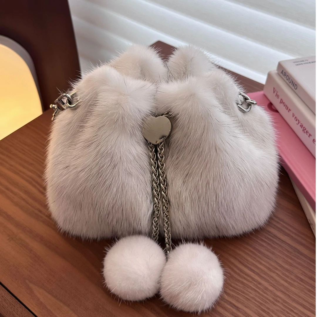 【球球水桶】水貂毛可爱手提单肩斜挎包包真毛手工包女包