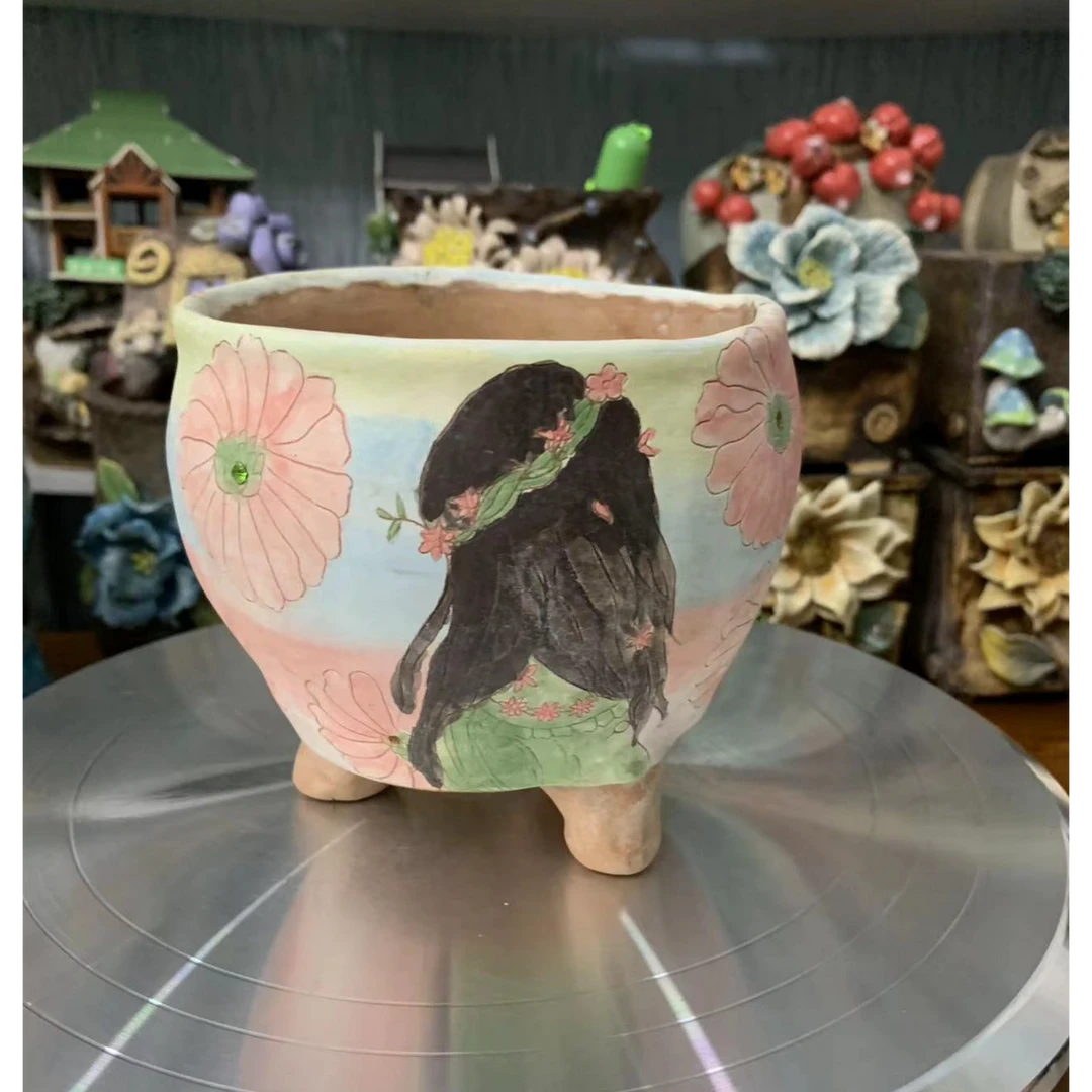 金盏菊美女背影红泥多肉盆