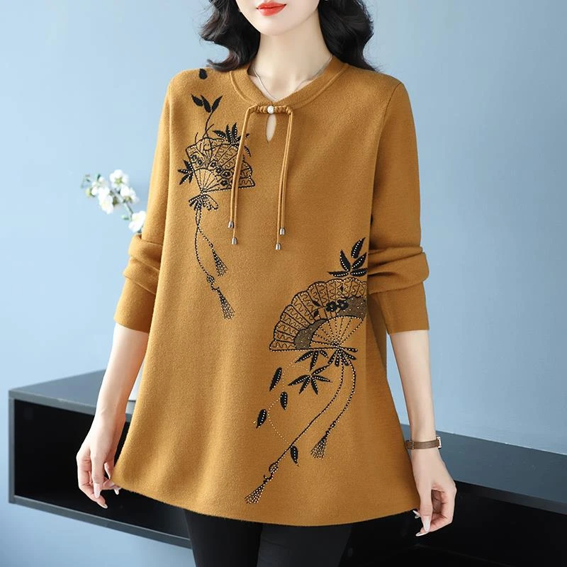 新中式国风中长款毛衣女秋冬镶钻立领针织衫宽松大码遮肚子毛衣裙