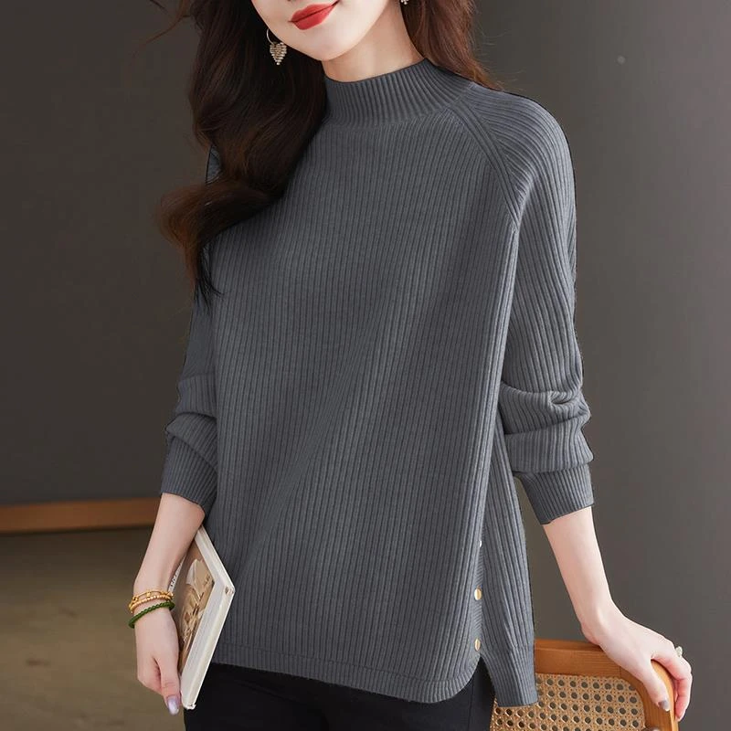 秋冬新款半高领针织上衣洋气时尚宽松遮肚大码连肩袖女毛衣打底衫