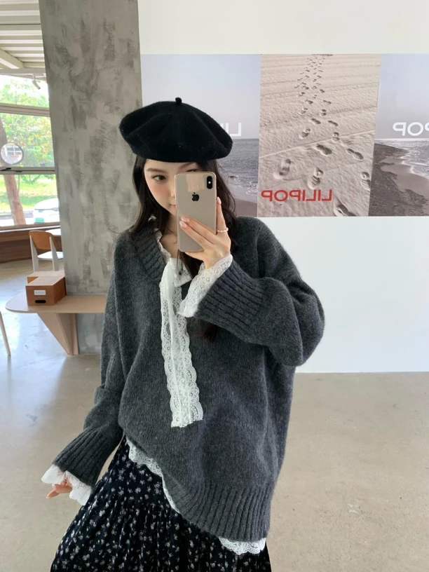 慕尼黑午后~韩系复古蕾丝蝴蝶结宽松中长款厚实毛衣慵懒风时尚