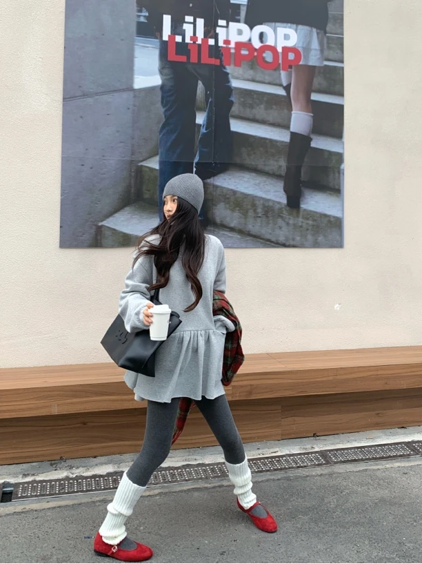 半熟欧尼～韩系设计感圆领卫衣裙叠穿连衣裙秋冬显瘦时尚