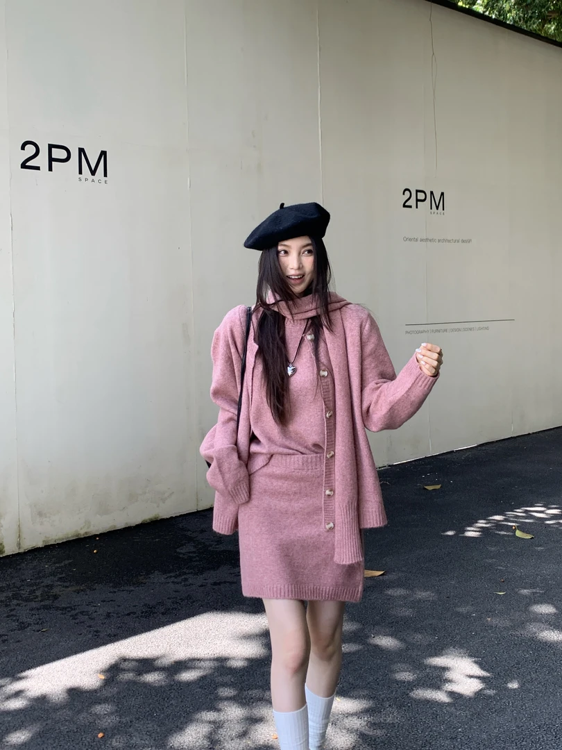 甜甜生椰～韩系不挑人开衫短袖半身裙围脖四件套时尚秋冬百搭气质