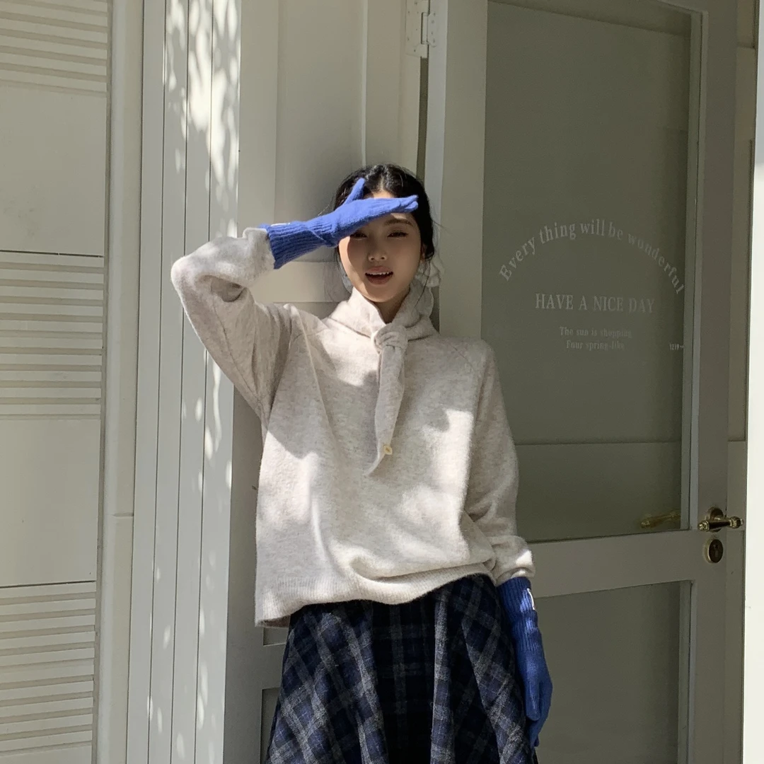 板栗可可～韩系复古秋冬设计感小领结打底毛衣时尚慵懒风冬季套头