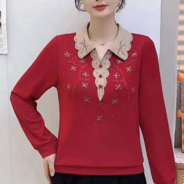 2024新款秋季妈妈装休闲百搭烫钻翻领显瘦宽松长袖上衣908