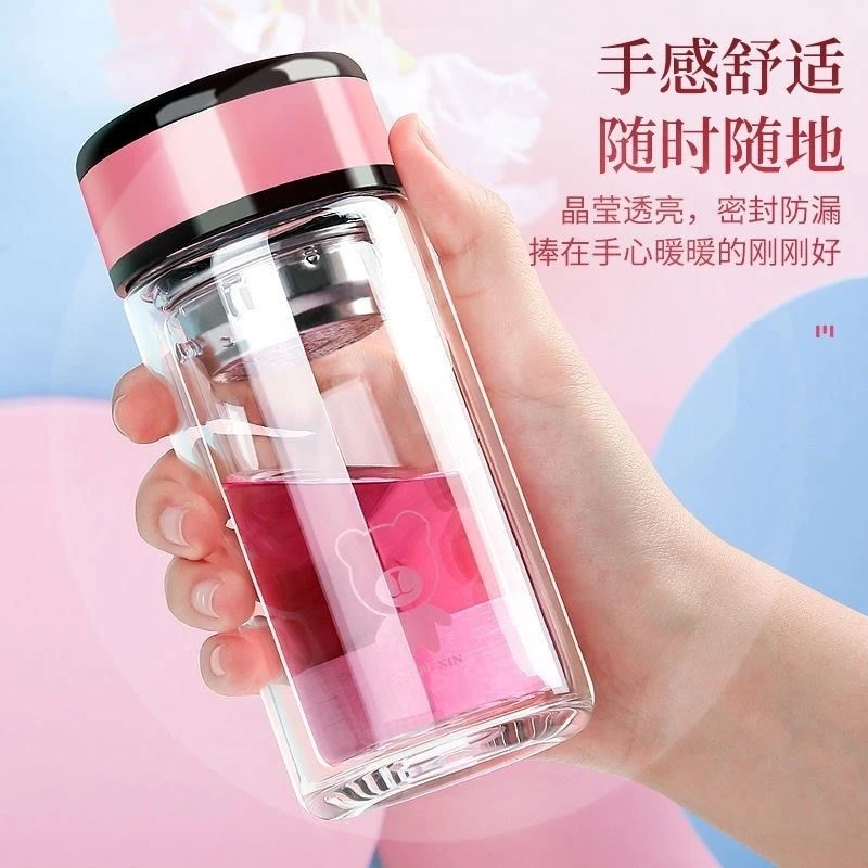 水杯女高端大气双层玻璃杯子高级感带盖便携随身夏天女士泡花茶杯
