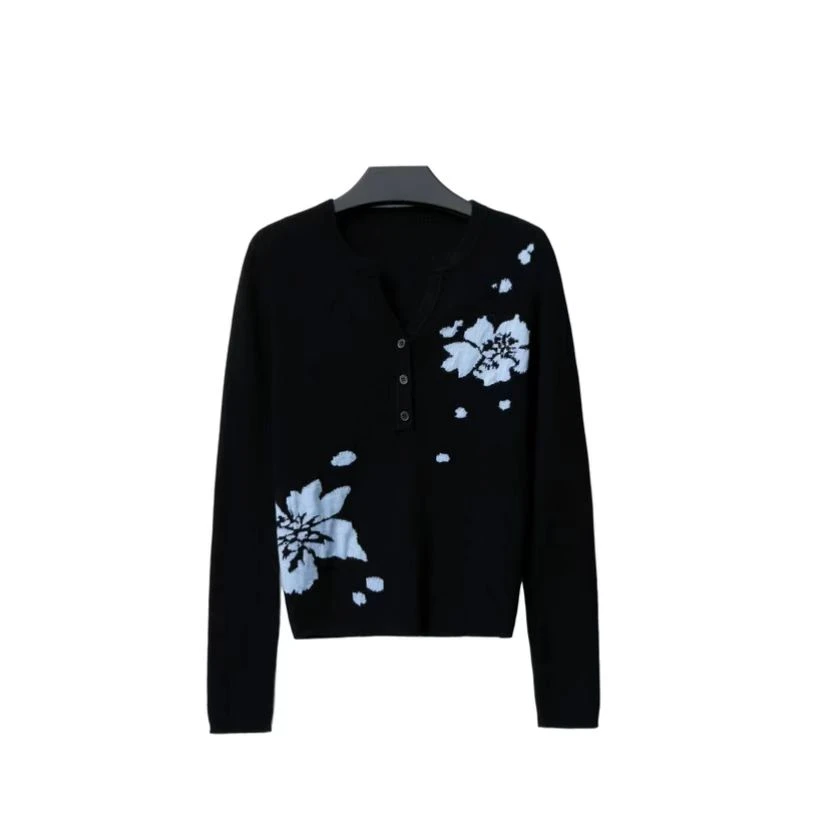 2024秋季新款百搭长袖v领气质修身针织休闲开衫上衣黑色时尚轻奢