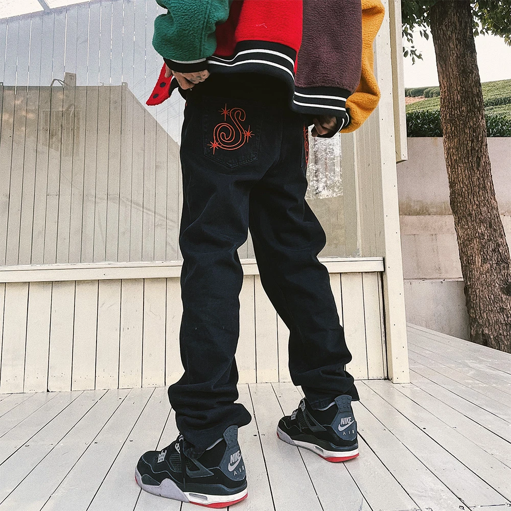 south美式高街牛仔裤男款音符刺绣潮牌情侣直筒宽松大码黑色裤子