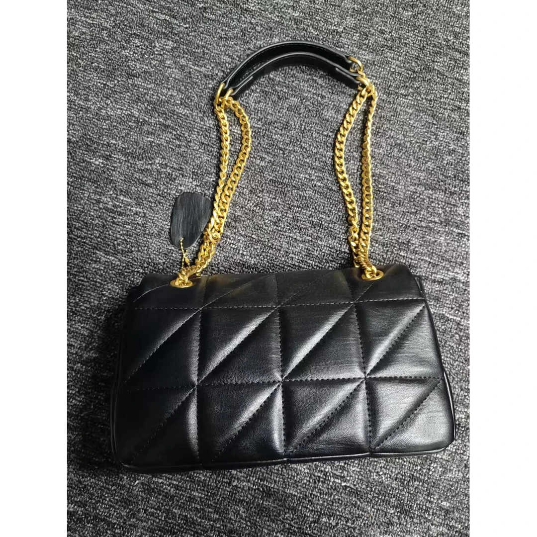 姝宴真皮女包三角格黑色-1