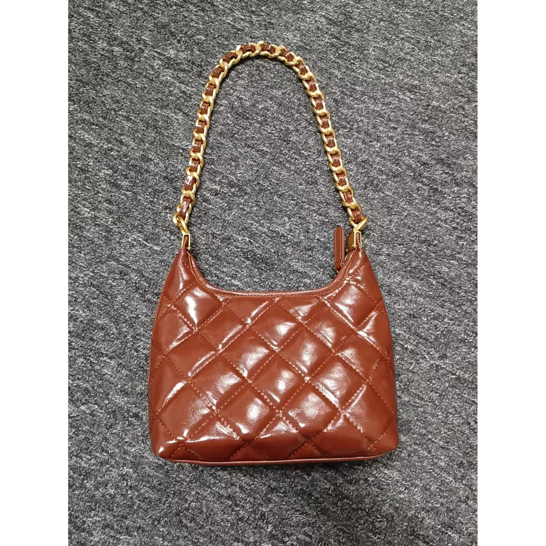 姝宴真皮女包亮面大菱格腋下棕色h