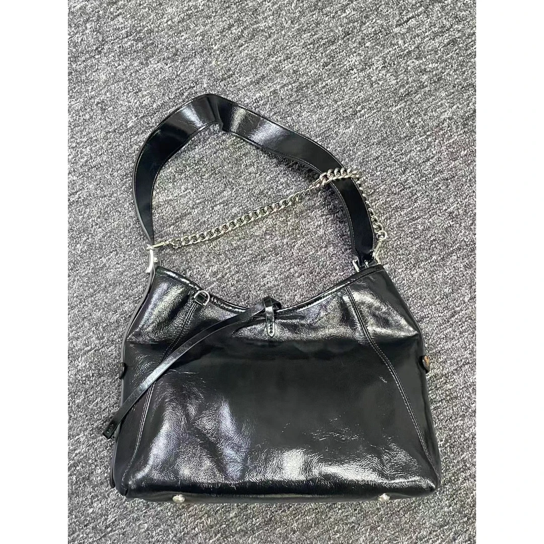 姝宴真皮女包腋下油蜡饺子黑色-小