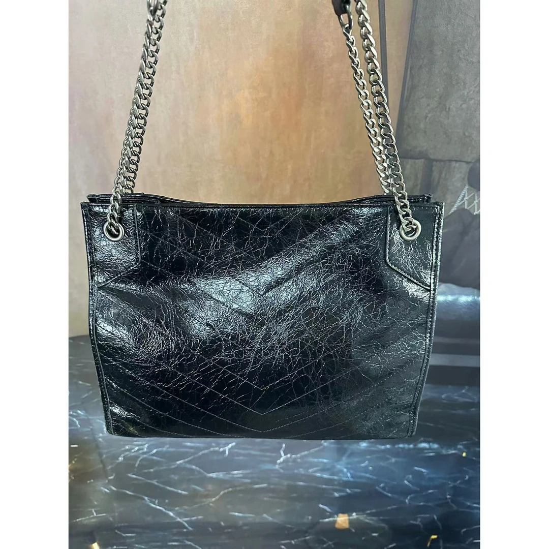 姝宴真皮女包购物托特包黑色