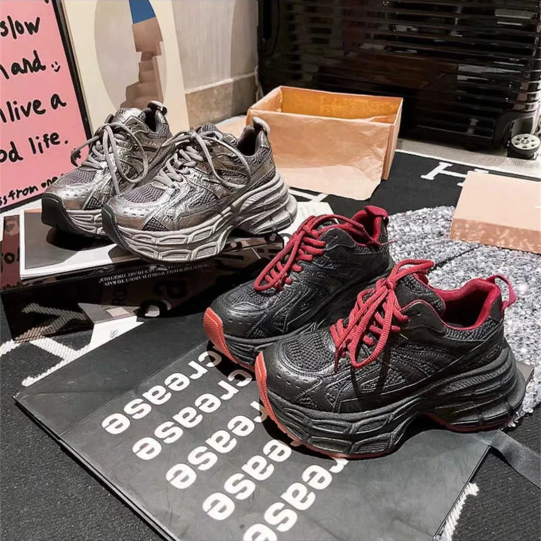 2024新款厚底休闲运动鞋复古百搭真皮黑红色老爹鞋C2098