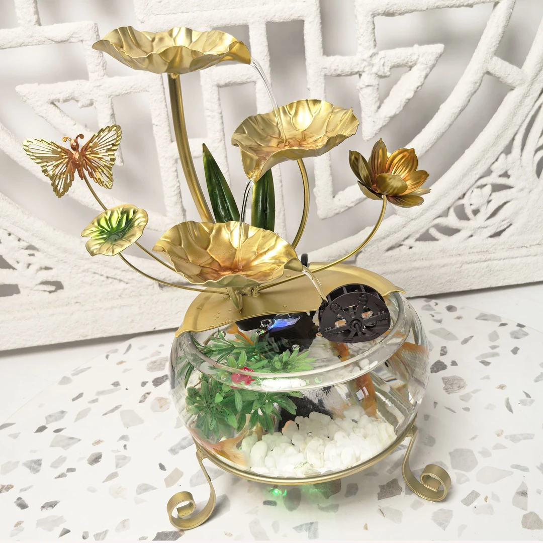 新款新中式流水摆件桌面摆件鱼缸养鱼流水摆件送礼佳品有蝴有花