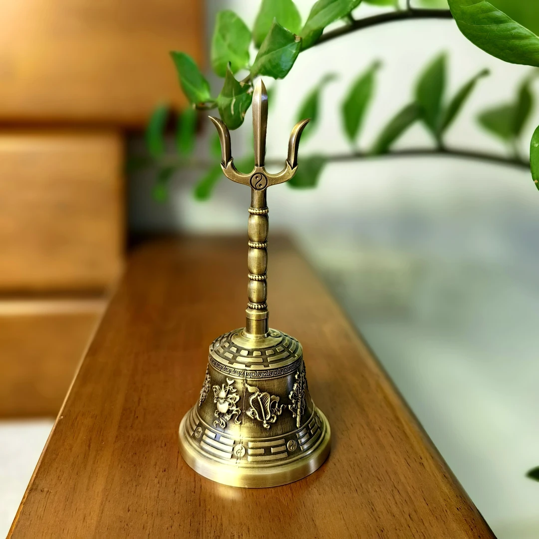 黄铜手摇铜铃 铜摆件 口径9公分 高度21公分
