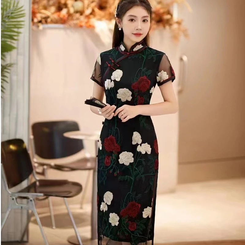 夏季新款中式复古国风黑色刺绣秀禾服连衣裙修身显瘦气质优雅旗袍